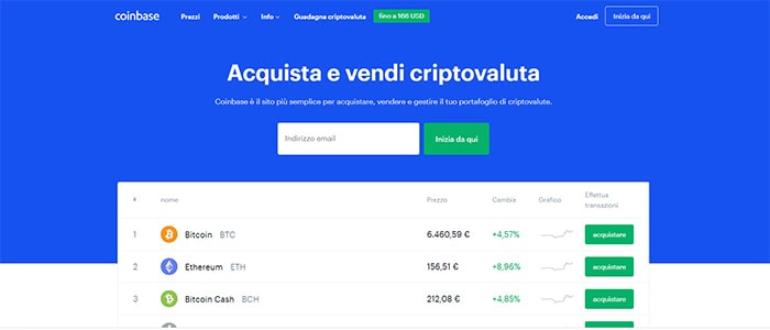 homepage della piattaforma di Coinbase